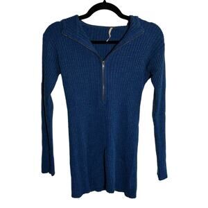 Free People Blue Ribbed Hooded Quarter Zip Wool Blend Sweater Top Size Medium